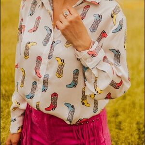 Satin Cowboy Boots Print Blouse